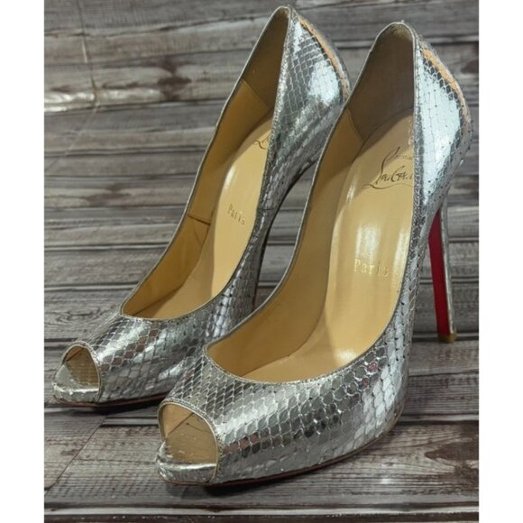 Christian Louboutin Lady Peep python snakeskin silver metallic hells shoes sz 36 - Picture 2 of 9